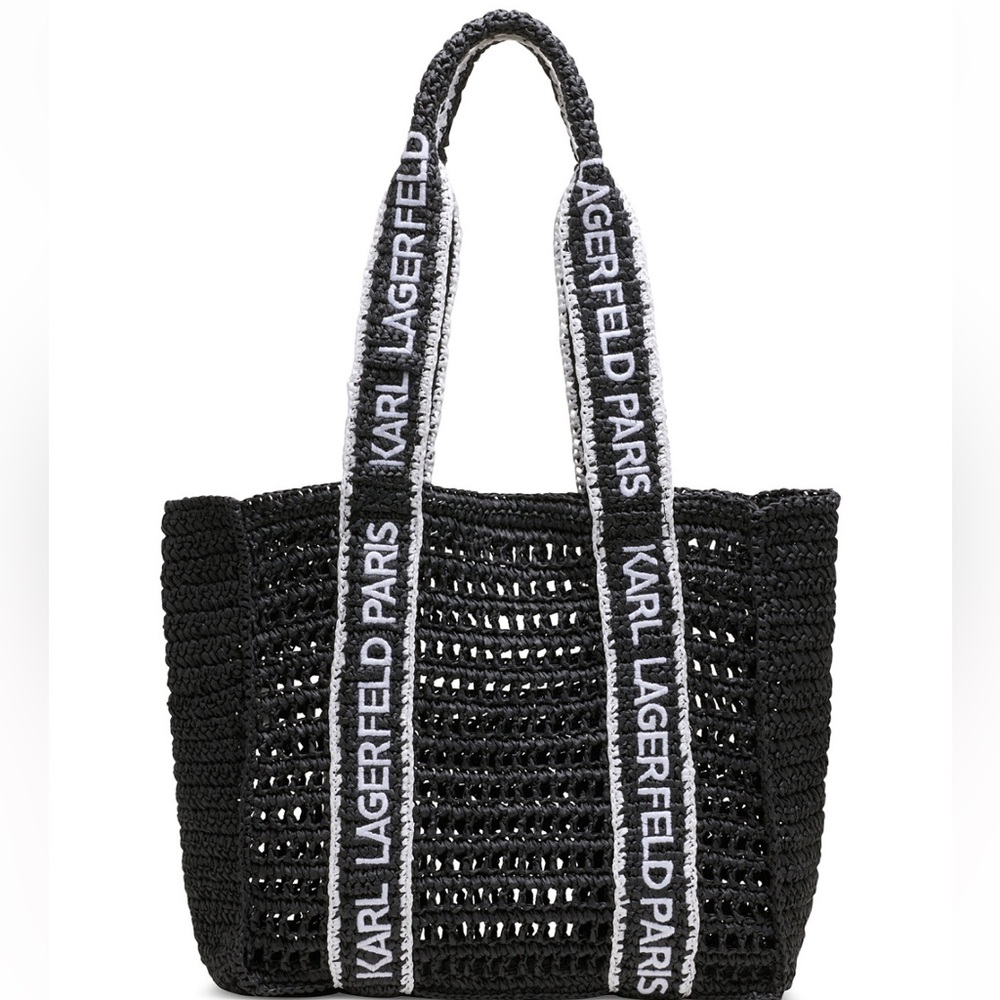 Karl Lagerfeld Paris Antivibes Straw Logo Strap Tote EUC Vacation Cruise